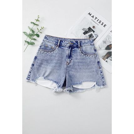 Beau Blue Pearl Studded Pockets Raw Hem Denim Shorts
