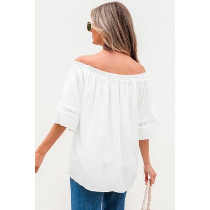 White Frilly Off Shoulder Lace Insert Sleeve Textured Blouse