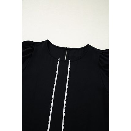Black Contrast Scallop Trim Bow Detail Half Sleeve Shift Dress