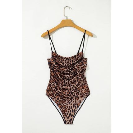 Brown Spaghetti Straps Ruched Leopard Bodysuit