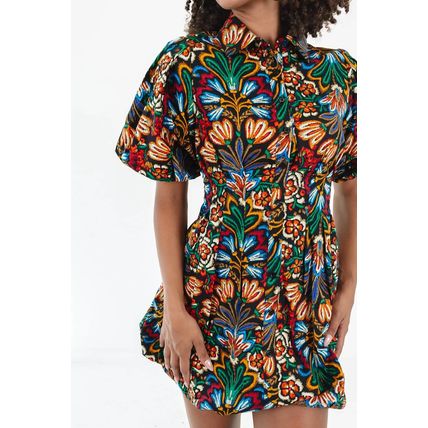 Multicolour Floral Puff Short Sleeve Shirt Mini Dress