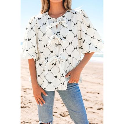 White Bowknot Print Front Knots Bubble Sleeve Blouse