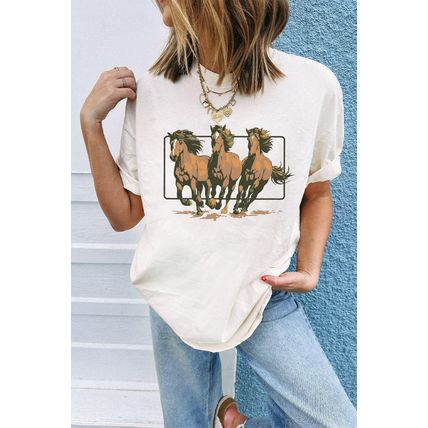White Texas Horse Graphic Cuffed Sleeve Graphic T Shirt