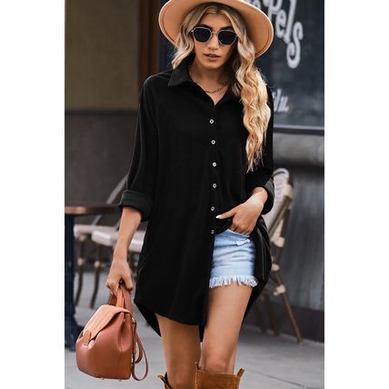 Black Corduroy Shirt Style Full Button Long Sleeve Shift Mini Dress