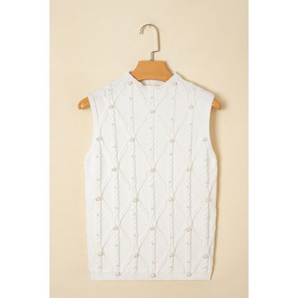 White Pearled High Neck Textured Knit Sweater Vest