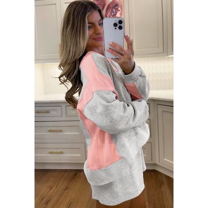 Light Grey Color Block Raw Hem Pullover and Casual Shorts Set