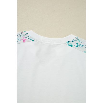 White Floral Colorblock Patchwork Chest Pocket Notched Neck Long Sleeve Top