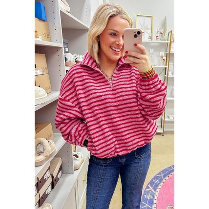 Pink Stripe Quarter Zip Fleece Oversize Sweatshirt