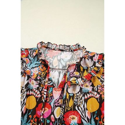 Black Floral 3/4 Puff Sleeve Tied Neck Blouse