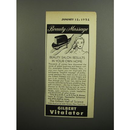 1952 Gilbert Vitalator Ad - Beauty massage beauty salon results in your own home