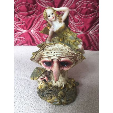 Mythical and Magical Fairy on a Witch Face Toadstool Indoor or Outdoor Figurine