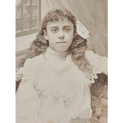 Edwardian School girl, white frilly dress, pearls, social history fashion RPPC