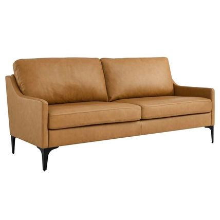 74.5" Wide Mid-Century Sofa Supple Genuine Leather Tan, Gray, Brown Ships FedEx!