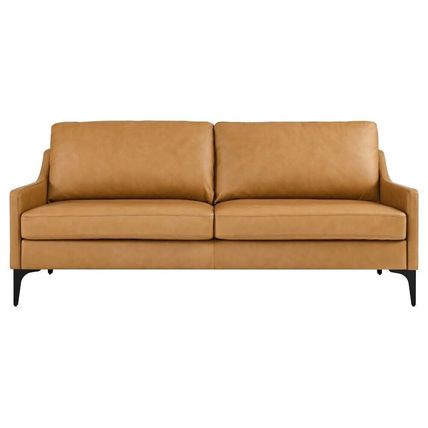 74.5" Wide Mid-Century Sofa Supple Genuine Leather Tan, Gray, Brown Ships FedEx!