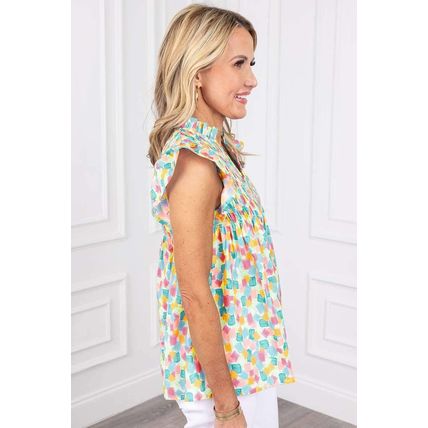 Green Shirred Yoke Ruffled Abstract Printed Blouse