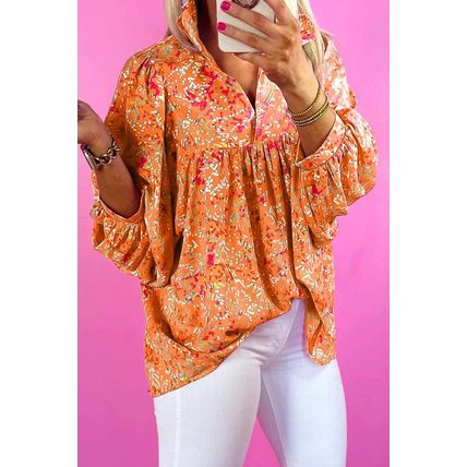 Orange Abstract Print Collared V Neck Babydoll Blouse
