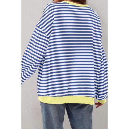 Blue Stripe Oversized Contrast Trim Pullover Sweatshirt