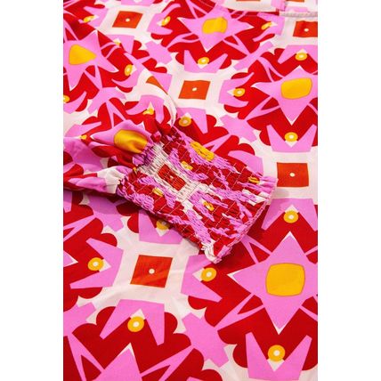 Strawberry Pink Geometric Print Shirred Cuff 3/4 Sleeve Loose Blouse