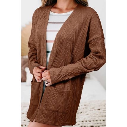 Coffee Solid Textured Open Front Cardigan with Pocket