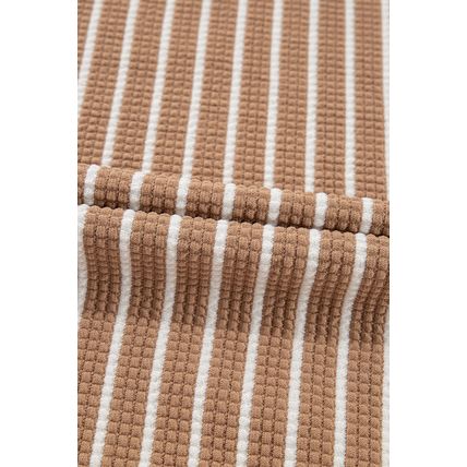 Khaki Stripe Patched Edge Textured Round Neck Long Sleeve Top
