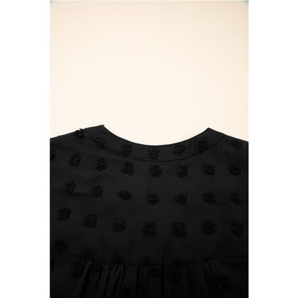Black Dotty Textured Notched Neck Plus Ruffled Dress