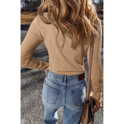 Pale Khaki Long Sleeve Buttons V Neck Slim Fit Top