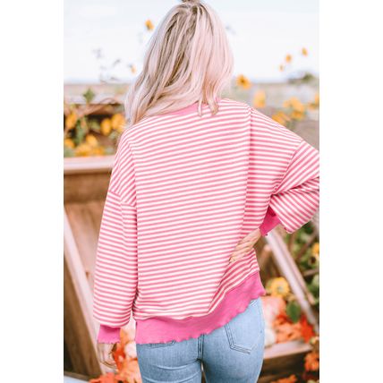 Pink Stripe Easter Egg Patched Graphic Drop Shoulder Long Sleeve Top