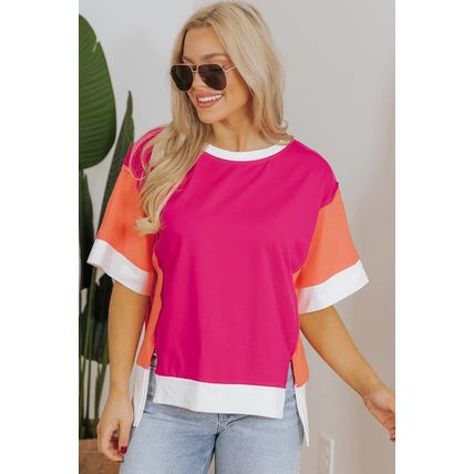 Rose Red Color Block Patchwork Side Slits Loose Fit T Shirt
