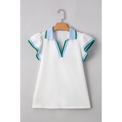 White Color Contrast Ruffled Sleeve Collared V Neck Blouse