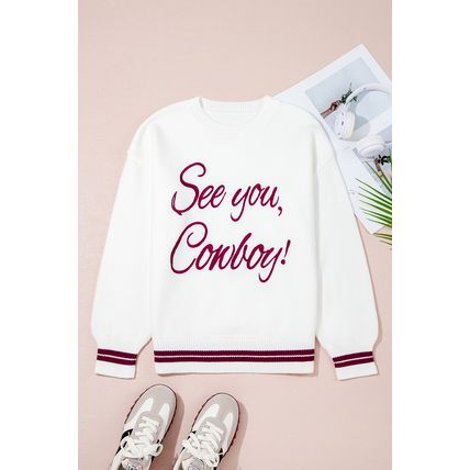 White See You Cowboy Embroidered Western Graphic Sweater
