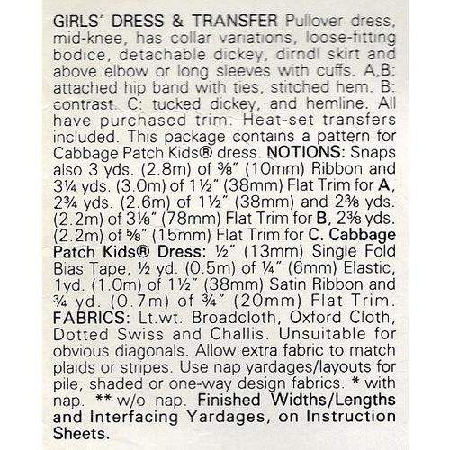 Butterick 3714 Sewing Pattern Girls Cabbage Patch Kids Dress Size 14 Doll Dress