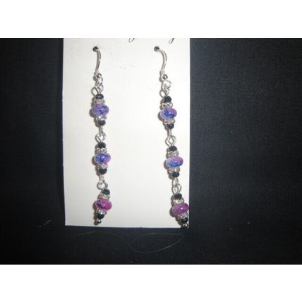 Black purple blend & clear crystal spacer 925 silver hook earrings