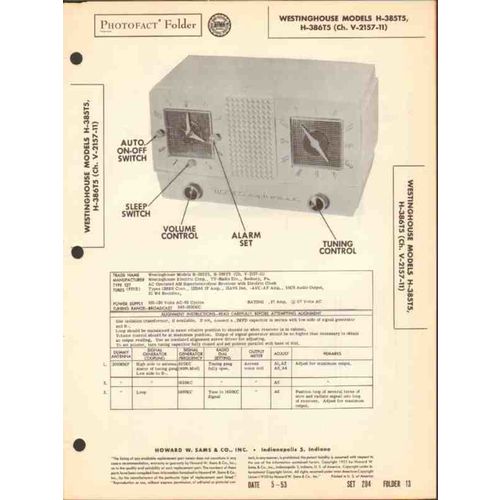 WESTINGHOUSE model H385T5 H38625 AM radio clock Sams Photofact Manual