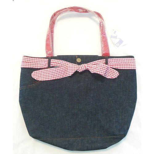 Denim Dark Blue and Red Gingham Style Tote Shoulder Bag T2