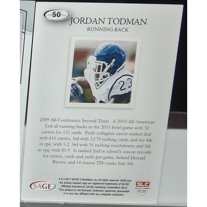 2011 SAGE Hit JORDAN TODMAN (Connecticut/Chargers) Rookie Card #50