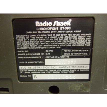 Radio Shack Chronofone cordless electronic telephone digital clock radio ET-380