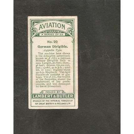 Cigarette Card 1915 Lambert & Butler Aviation #20 German Dirigible Zeppelin Type