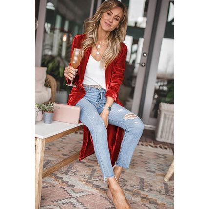 Red Velvet Open Front Pocketed Long Duster