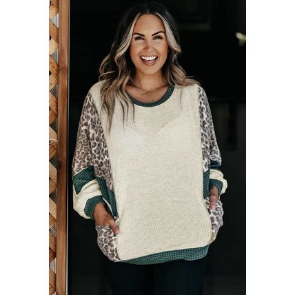 Leopard Colorblock Patchwork Dolman Sleeve Plus Size Top