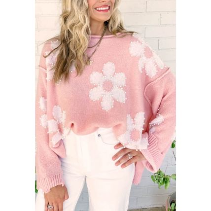 Multicolour Pearl Beaded Floral Drop Shoulder Sweater