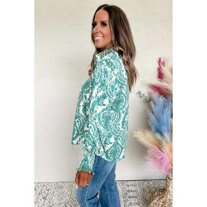 Green Paisley Print Smocked Cuff Buttoned Loose Shirt