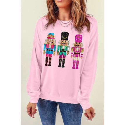 Pink Cute Nutcracker Printed Drop Shoulder Christmas Sweatshirt