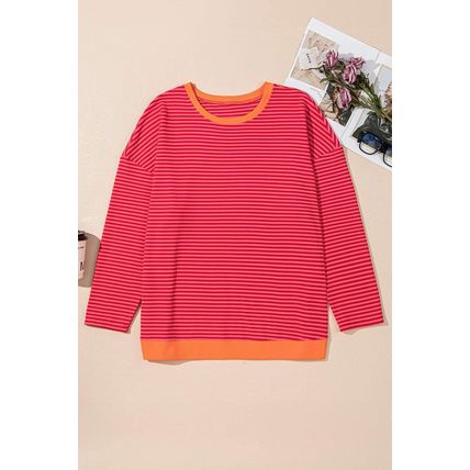 Orange Stripe Plus Size Drop Shoulder Long Sleeve Buttoned Decor Top
