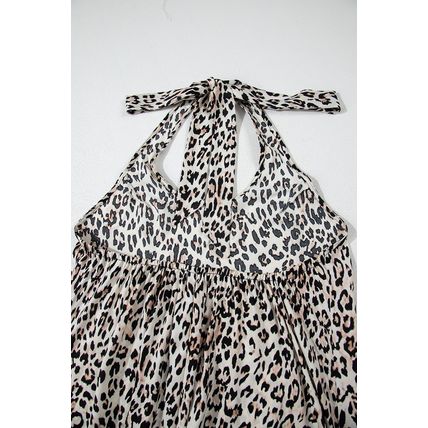 Brown Leopard Printed Halter Neck Backless Ruffled Hem Maxi Dress