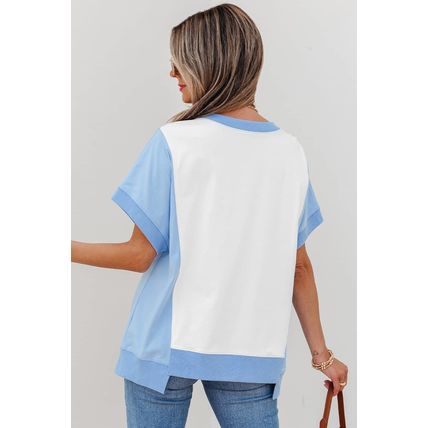 Sky Blue Patriotic Star Patched Colorblock T Shirt