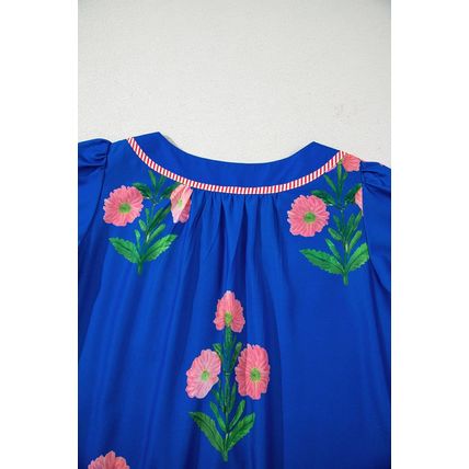 Blue Floral Short Sleeve Split Neck Loose Mini Dress