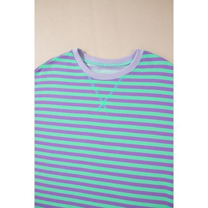 Blue Stripe Contrast Ribbed Trim Crossed Stitch Drop Shoulder Sweatshirt