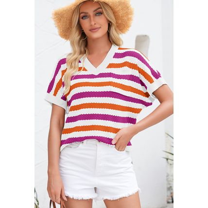 Rose Stripe V Neck Short Sleeve Sweater with Side Slits