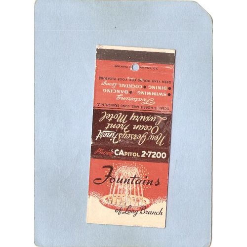 New Jersey Long Branch Matchcover Fountains Motel Ocean & Morris Aves w/Li~3426