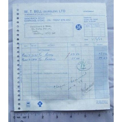1979 invoice W. T. Bell (Burslem) Sandbach Road Service Station, Cobridge